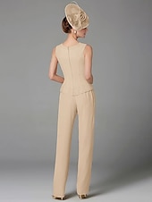 abordables Costumes-pantalons pour maman-Pantalon de mariage à la plage ensemble de 3 pièces mère de la mariée invitée de mariage formelle élégante grande taille avec encolure bateau longueur au sol manches longues enveloppe incluse avec