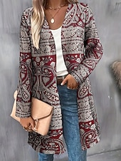 abordables Manteaux 3D-Femmes Manteau d&#039;Hiver Trench Léger Confortable Imprimé Front ouvert ancien Mode Occasionnel Boho Vintage Géométrique Vacances Occasionnel Long Sans Col Coupe régulière manche longue Vêtements