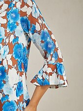 baratos camisas, tops e blusas-blusa feminina chiffon romano torcido emendado estampa floral azul gola barco manga três quartos curta