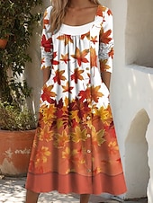 abordables Art &amp; Design Robe-Femmes Robe Midi Robe fourreau Robe trapèze Occasionnel Quotidien Coupe régulière Graphique Feuille manche longue Col carré Jaune Orange Marron Automne Hiver