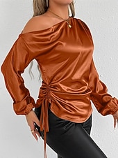 voordelige Elegante topjes-Dames Overhemd Satijnen overhemd Effen Kleur Stijlvol Casual Lange mouw koude schouder Normale tops Dagelijks Uitgaan Asymmetrisch Geel Bruin Lente Herfst