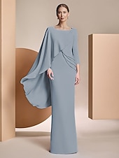 abordables Longueur du plancher-Robe fourreau  Colonne Mère de la Mariée Robe Formelle Élégante Col bijou Longueur de sol Chiffon Manches longues avec applications Couleur unie