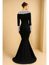 abordables Robes de Soirée Sirène-Robe de soirée noire sirène / trompette élégante robe de soirée formelle mariage balayage / pinceau traîne manches longues crêpe extensible avec applique en dentelle brodée florale 2025