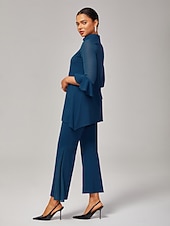 billiga Tvådelade set-Dam marinblå chiffong modal matchande set blus klocka nederdel elegant snygg bekväm daglig arbetskväll höst