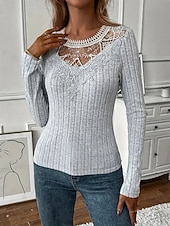economico Top in Pizzo-Per donna Blusa Pizzo Patchwork Tinta unica Elegante Essenziale Casual Manica Lunga Girocollo Top Regolari Quotidiano Nero Bianco Rosa Viola Grigio Primavera Autunno Inverno