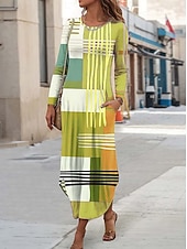 preiswerte Streifen- und geometrisches Kleid-Damen Midikleid Etui-Kleid T-Shirt-Kleid Urlaub Lässig Boho Ferien Date Normale Passform Grafik Geometrisch Abstrakt Langarm Rundhalsausschnitt Gelb Rosa Blau Purpur Frühling Herbst Winter