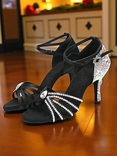 baratos Sapatos de Dança Latina-Sapatos de dança latina pretos com strass para mulheres - saltos brilhantes para festas de salão com tira no tornozelo para salsa, rumba e eventos noturnos