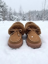 tanie Buty śniegu i zimowe-damskie mokasyny wyściełane futrem - wygodne, wsuwane buty zimowe z pluszowym wykończeniem i zamszowym wykończeniem