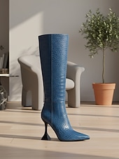preiswerte Modische Stiefel-Schwarze kniehohe Damenstiefel mit Krokodilmuster, Stiefel aus echtem Leder mit spitzer Zehenpartie und Stilettoabsatz, urbaner Modestil für Damen, perfekt für City-Chic und stylische Outfits