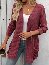 billiga casual jackor-Dam Vinterkappa Bekväm Andningsfunktion Ficka Öppen front Elegant Ledigt Slät Semester Gata Ledigt Dagliga kläder Öppen front Normal Kraglös Normal Långärmad Ytterkläder Rodnande Rosa Rubinrött Blå