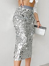 economico Gonne da Festa-Per donna Gonna Aderente Elegante Moda Midi Vita Alta Gonne Semplice Paillettes Elasticizzato Feste Streetwear Argento Nero Oro Primavera Poliestere