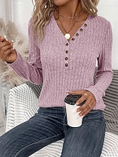 お買い得  プレーンTシャツ-女性用 ブラウス ボタン 純色 スタイリッシュ カジュアル 長袖 Ｖネック レギュラートップス 日常 ブルー ピンク ルビーレッド グリーン ダックグレー 春 秋 冬