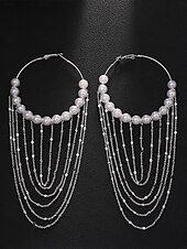 abordables Pendiente de mujer-Pendientes de aro grandes de perla para mujer con cadenas de oro en capas: joyas llamativas para atuendos de fiesta y moda de discoteca. &amp;ocasiones especiales