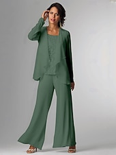 baratos Terninhos de calça da mamãe-Conjunto de calças 3 peças Mãe da noiva Convidada de casamento Formal Elegante Plus Size Envoltório Comprimento do chão Chiffon Sem mangas com Renda