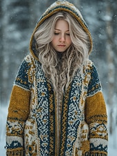 billiga Koftor &amp; Ytterkläder-viking boho damkofta vintage vardag etnisk stil geometrisk färg tonad ribbad huva fickor knappar tryck långärmad långa toppar stickad utomhus helg gul blå höst vinter