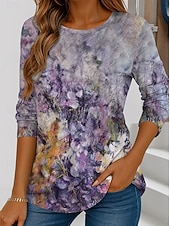 abordables T-shirt floral-Femmes T-shirt Fleuri Graphique Dégradé Élégant ancien Classique manche longue Col ras du cou Hauts Réguliers Quotidien Sortir Week-end Imprimé Blanche Jaune Marron clair Violet Marron Printemps