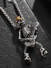 abordables Accesorios de Halloween-Collar con colgante de guitarra y calavera de Halloween para hombre, cadena de metal estilo rock punk, ideal para fiestas, conciertos y vida nocturna.