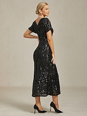  Per donna Abito maxi Tubino Abito a sirena Elegante Festa cocktail Spalle scoperte Festa serale Cocktail party Paillettes Floreale Manica Corta Scollo a V Nero