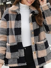 preiswerte Fleece-Futterjacken-Damen Fleecejacke Bequem Atmungsaktiv Tasche Knöpfe Druck Mode Lässig Karomuster Urlaub Straße Lässig Alltagskleidung Einreihig Regulär Umlegekragen Normale Passform Langarm Oberbekleidung Schwarz