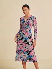 economico Abiti Floreali Stampati-Per donna Femminile Tubino Abito Stampato Abito Midi Arcobaleno Manica Lunga Estate Primavera Scollo a V Moderno S M L