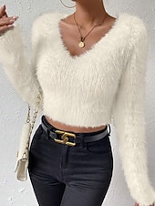 abordables Couleurs unies-Femmes Pull Mode Occasionnel Couleur Unie Côtelé Col en V Tricoté manche longue Hauts Réguliers Tricoter Extérieur Quotidien Week-end Noir Blanche Automne Hiver