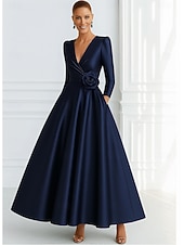 preiswerte A-Linie Abendkleider-A-Linie Abendkleid Elegant Formelle Kleidung Formell Hochzeit Bodenlang Dreiviertelarm V Ausschnitt Tasche Satin mit Tasche 2025
