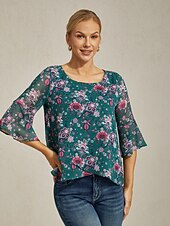 economico camicie, top e camicette-Femminile Floreale Casuale Verde Stampa Manica 3/4 Elegante Il giro Estate Primavera Autunno
