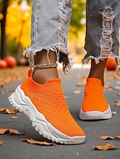 cheap Women's Sneakers-Women's Orange Slip-On Flyknit Sneakers – Breathable Mesh Lightweight Walking Shoes with Chunky Sole for Casual and Sport