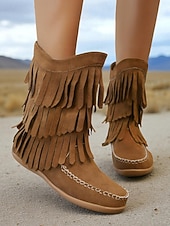 levne Cowboy &amp; Western Boots-Dámské mokasíny s třásněmi do půli lýtek a prošívanými detaily, ležérní westernový styl pro outdoorové a festivalové nošení