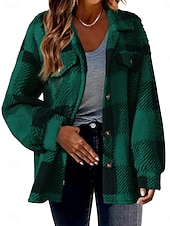 billiga Fleece-fodrade jackor-Dam Sherpajacka Vardaglig jacka Bekväm Andningsfunktion Ficka Knappar Mönster Ledigt Rutig Semester Gata Ledigt Dagliga kläder Enkelknäppt Normal Nedvikt Normal Långärmad Ytterkläder Svart Rubinrött