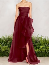 ieftine Rochii lungi și rochii de seară-Rochie de Seară A-Line Stil Celebritate Rochie Elegantă Invitată de Nuntă Lungime Pe Jos Fără Mâneci Un Umăr Organza cu Fustițe Răsucite Fanta