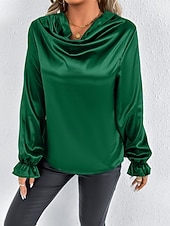 Недорогие Нарядные блузки-Жен. Рубашка Elegant Нарядный Атласный верх Драпировка Сплошной цвет Стиль На каждый день Длинный рукав Вырез-хомут Обычные топы Повседневные На выход Черный Розовый Зеленый Абрикосовый Весна Осень