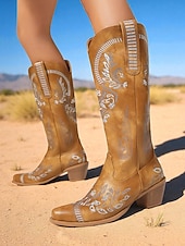 levne Cowboy &amp; Western Boots-Dámské vyšívané kovbojské kozačky do poloviny lýtek s blokovým podpatkem, boty ve westernovém stylu na večírky a festivaly
