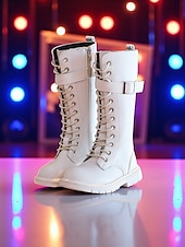 economico Stivali per bambini-Scarpe da costume da pop star ispirate agli idoli coreani, stivali alti fino al ginocchio con lacci bianchi da bambina, con suola spessa, calzature alla moda per spettacoli di danza e abiti da