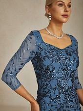 Damen Pailletten Maxikleid Etuikleid Trompete Meerjungfrau Kleid Bodycon Kleid Elegant Formal Cocktailabend Feier Floral 3/4 Länge Ärmel V-Ausschnitt Pfauenblau Frühling Herbst Winter preiswerte abendkleider-Damen Pailletten Maxikleid Etuikleid Trompete Meerjungfrau Kleid Bodycon Kleid Elegant Formal Cocktailabend Feier Floral 3/4 Länge Ärmel V-Ausschnitt Pfauenblau Frühling Herbst Winter