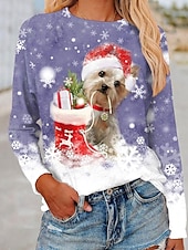 abordables Hauts de Noël-Noël Femmes T-shirt Graphique Chien Noël ancien Mode Élégant manche longue Col ras du cou Col rond Hauts Réguliers Quotidien Week-end Imprimé Bleu Violet Fuchsia Vert Kaki Automne Hiver