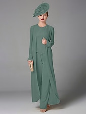 abordables Costumes-pantalons pour maman-Pantalon de mariage à la plage ensemble de 3 pièces mère de la mariée invitée de mariage formelle élégante grande taille avec encolure bateau longueur au sol manches longues enveloppe incluse avec