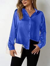  Mulheres Camisa Social Elegant Elegante Top de cetim Botões Tecido à moda Casual Manga Longa Colarinho de Camisa Tops regulares Diário Para Noite Preto Vermelho Azul Marinha Azul Real Bege Primavera
