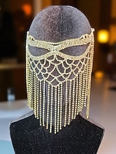 levne Dámské vlasové doplňky-Dámská zlatá střapcová maškarní maska - elegantní křišťálový doplněk na obličej s třásněmi na kostýmní ples a večírek