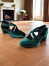  Groene fluwelen Mary Jane-pumps voor dames – retroschoenen met kruisbandjes en blokhak uit de jaren 50 voor Gatsby-feesten, cocktails en formele evenementen