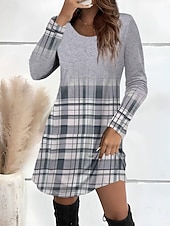 preiswerte Streifen- und geometrisches Kleid-Damen Minikleid T-Shirt-Kleid Sommerkleid A Linie Kleid Lässig Täglich Ausgehen Normale Passform Grafik Karomuster Abstrakt Langarm Rundhalsausschnitt Hellrosa Rosa Grau Herbst Winter