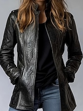 preiswerte Kunstlederjacken-Damen Kunstlederjacke Warm Bequem Reißverschluss Tasche Lässig Einfach Urlaub Ausgehen Wochenende Regulär Stehkragen Normale Passform Langarm Oberbekleidung Schwarz Herbst Winter