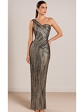 cheap Sheath Evening Dresses-Sheath Column Floor Length Prom Dresses Evening Gown Ball Gown Formal Dress Elegant Sleeveless One Shoulder Wedding Formal Sequined with Glitter