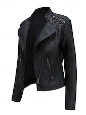 economico Pellicce &amp; Pelli-Per donna Giacca in Ecopelle Confortevole Cerniera Tasca Casual Semplice Vacanza Abbigliamento quotidiano Uscire Weekend Regolare Collo ripiegato Vestibilità regolare Manica Lunga Capispalla Nero