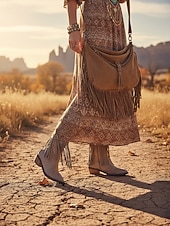 Χαμηλού Κόστους Καουμπόη και δυτικές μπότες-Γυναικείες καφέ μπότες μέχρι το γόνατο με κρόσσια από τεχνητό δέρμα, λεπτομέρειες με τρουκς και χαμηλά τακούνια, μποέμ παπούτσια σε στιλ καουμπόι γουέστερν