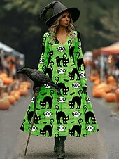olcso Halloween ruha-Mindszentek napja Női Midi ruha hétköznapi ruha A vonalú ruha Szabadság Alkalmi Esküvő Parti Születésnap Normál Grafika Hosszú ujj V-alakú Fekete Bíbor Narancssárga Lóhere Tavasz Ősz
