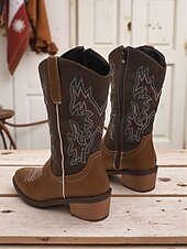 levne Cowboy &amp; Western Boots-Dámské hnědé kovbojské westernové boty z umělé kůže s vyšívaným prošíváním, nízké podpatky do půli lýtek na rodeo, festivaly i každodenní nošení