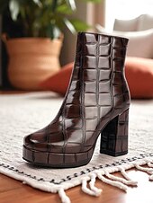 abordables Bottes-Bottines à plateforme en similicuir marron pour femme, effet croco, talon bloc, style rétro avec fermeture éclair latérale, idéales pour les fêtes, le streetwear et les tenues automne-hiver