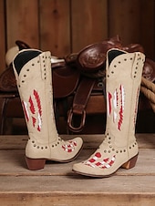 Broderade cowboystövlar i westernstil för kvinnor, svart och röd design med nitar, perfekta för holloween-festivaler, countrykonserter och vardagliga outfits billiga Cowboy & Western Boots-Broderade cowboystövlar i westernstil för kvinnor, svart och röd design med nitar, perfekta för holloween-festivaler, countrykonserter och vardagliga outfits