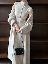 cheap Plain Pullover-Women&#039;s Long Dress Maxi Dress Knit Dress Casual Dress Dress Set Elegant Fashion Modern Outdoor Daily Going out Regular Fit Plain Long Sleeve Stand Collar Beige Winter Autumn